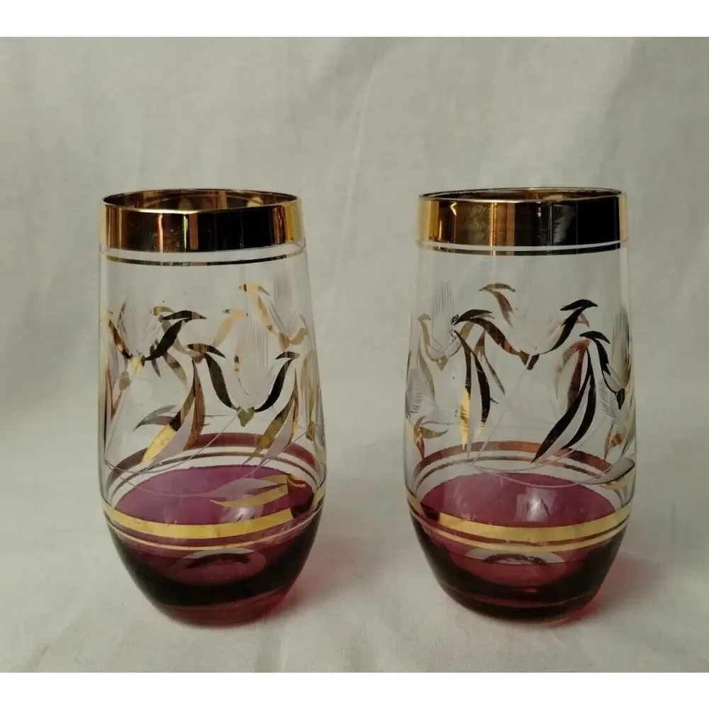 Vintage Glass Pitcher and Two Glasses - Etched - Cracked - Display Only